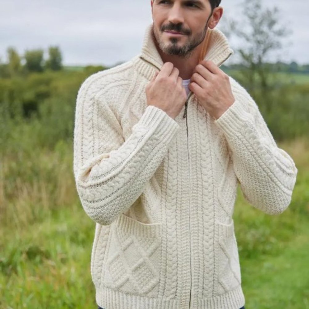 Aran Crafts Merino Wool Irish Fisherman Zipper Cardigan 1XX